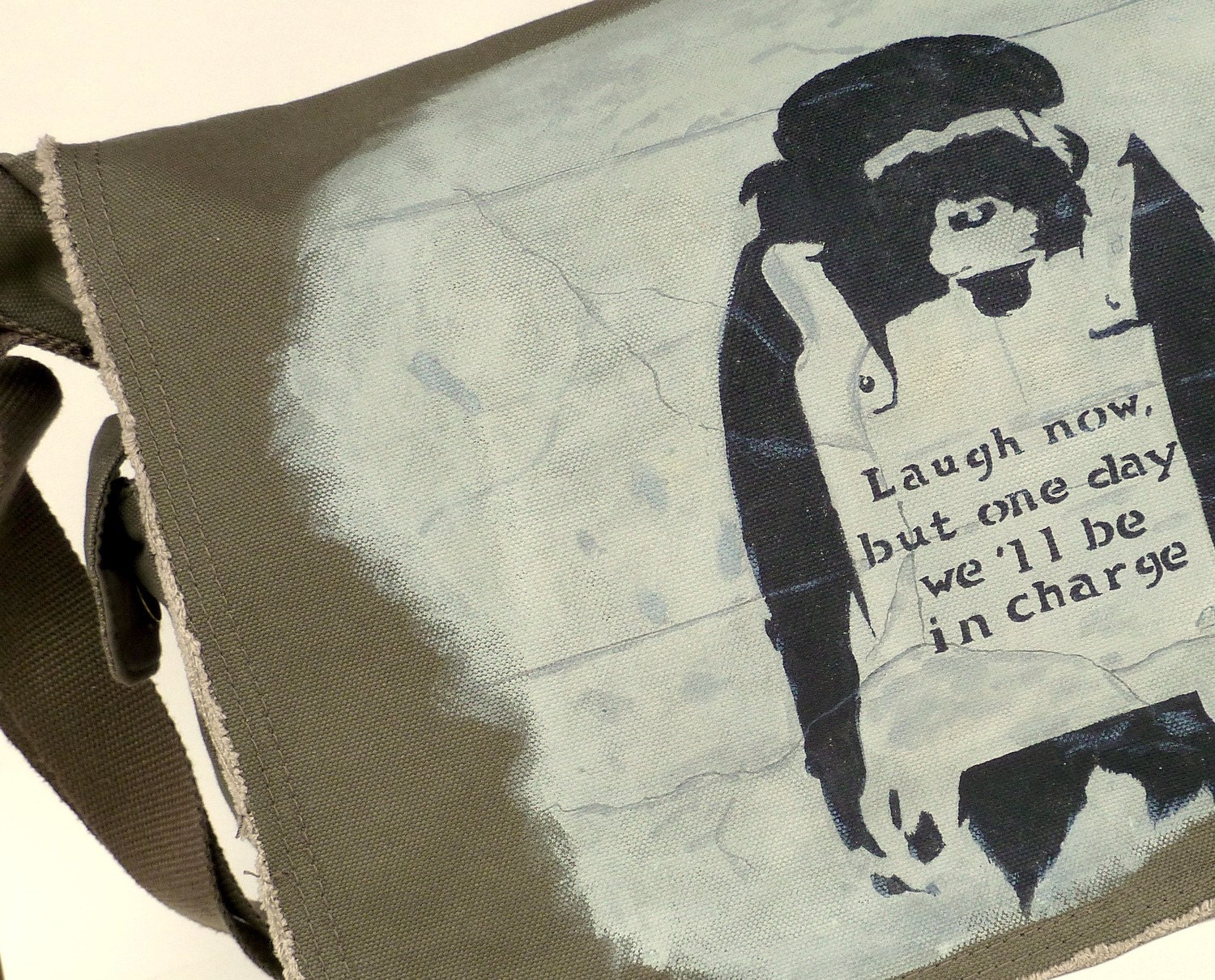 Hand Painted Canvas Messenger Bag...Banksy "Laugh Now"