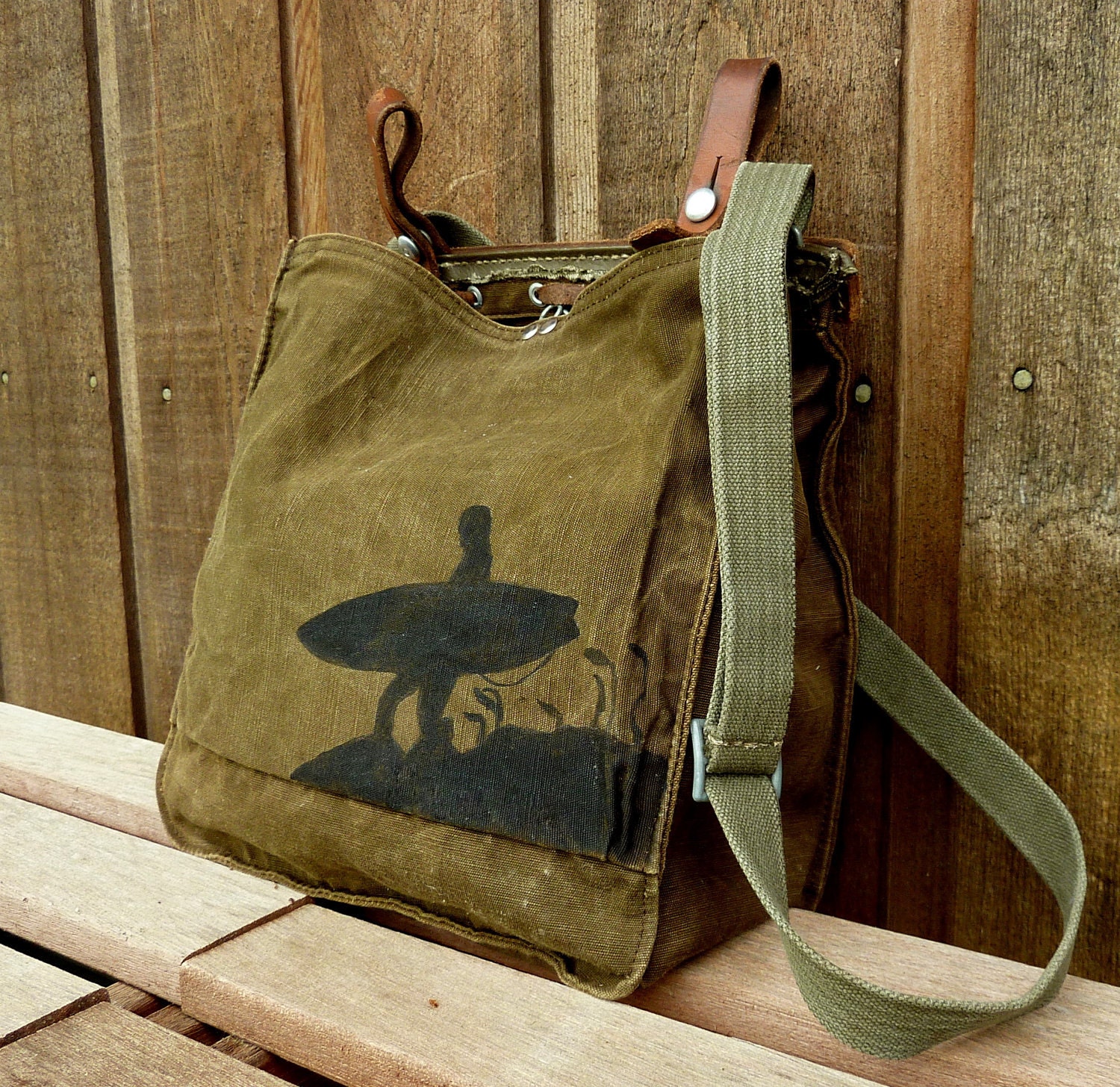 Vintage Military Satchel Hand Painted Surfer.  Personalized with Your Favorite Surf Spot.