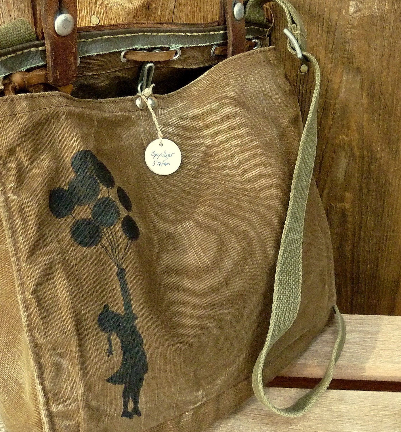 Banksy Balloon Girl Hand Painted on a Vintage Swiss Military Satchel