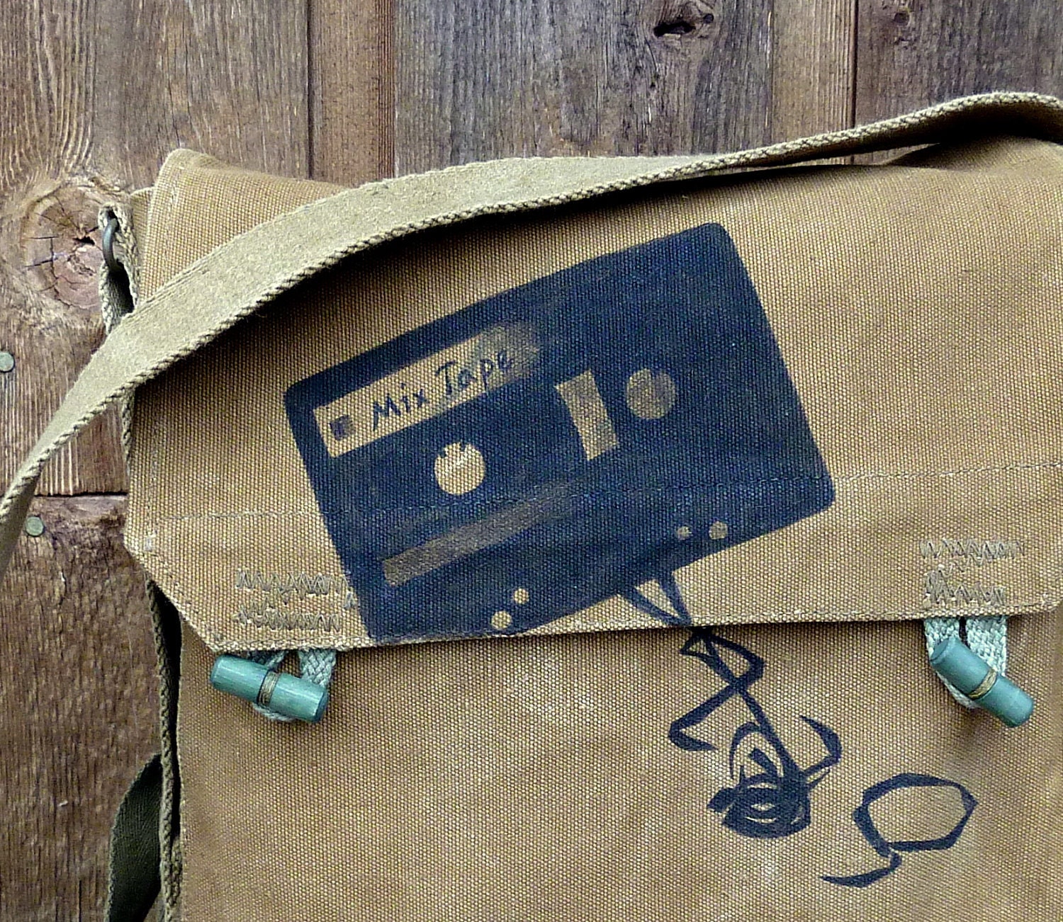 Mix Tape Hand Painted on a Vintage Czech Military Satchel ... Messenger Bag