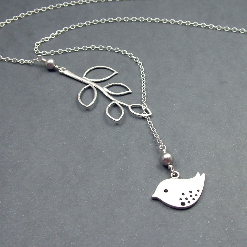Bird and Branch Lariat Necklace 'Lydia in Grey' with Sterling Silver and Swarovski Pearls