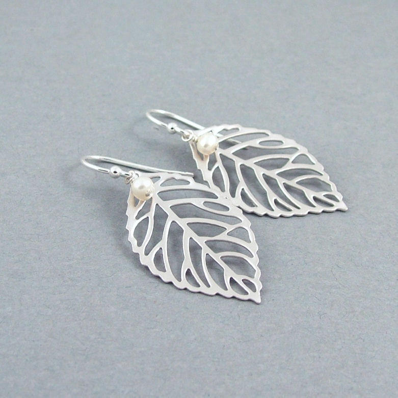 Leaf Earrings with Freshwater Pearls Sterling Silver Earwires