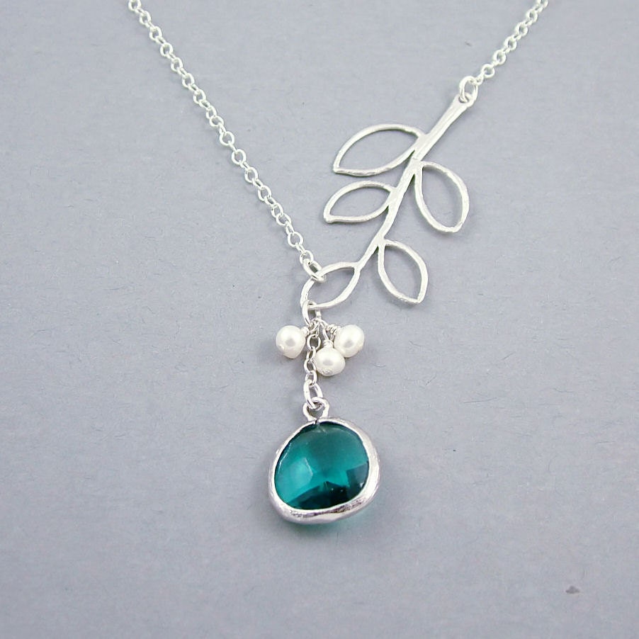 Glass Drop and  Branch Necklace - 'Florence Teal'  Freshwater Pearls and Sterling Silver Chain