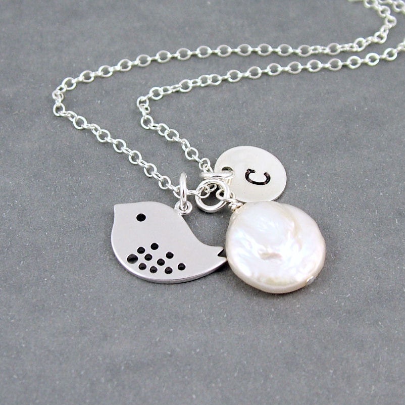 Personalized Bird Necklace, Freshwater Pearl, Custom Initial - 'Chloe' - Sterling Silver, Hand Stamped Disc,
