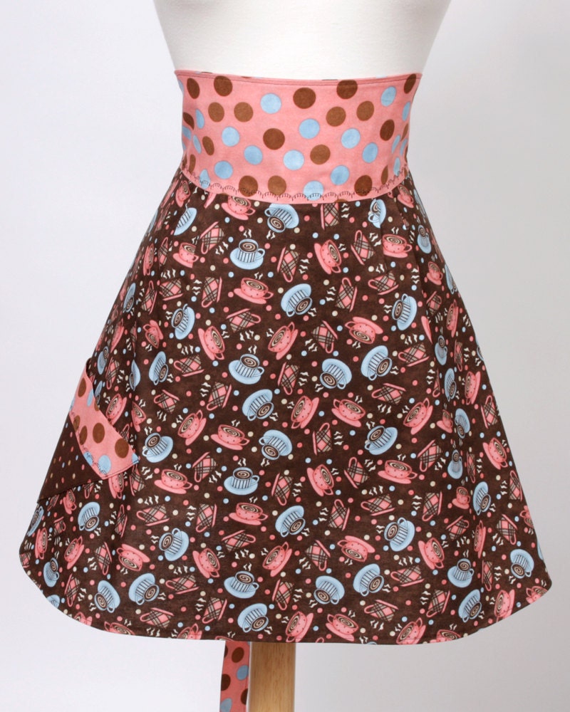 Womens Half Apron tossed mugs brown pink blue