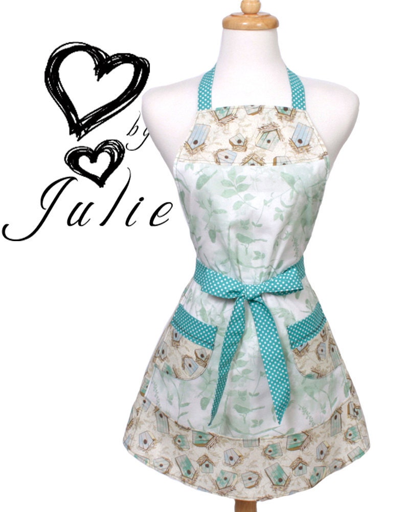 Full Womens Apron, birds birdhouses brown green and blue