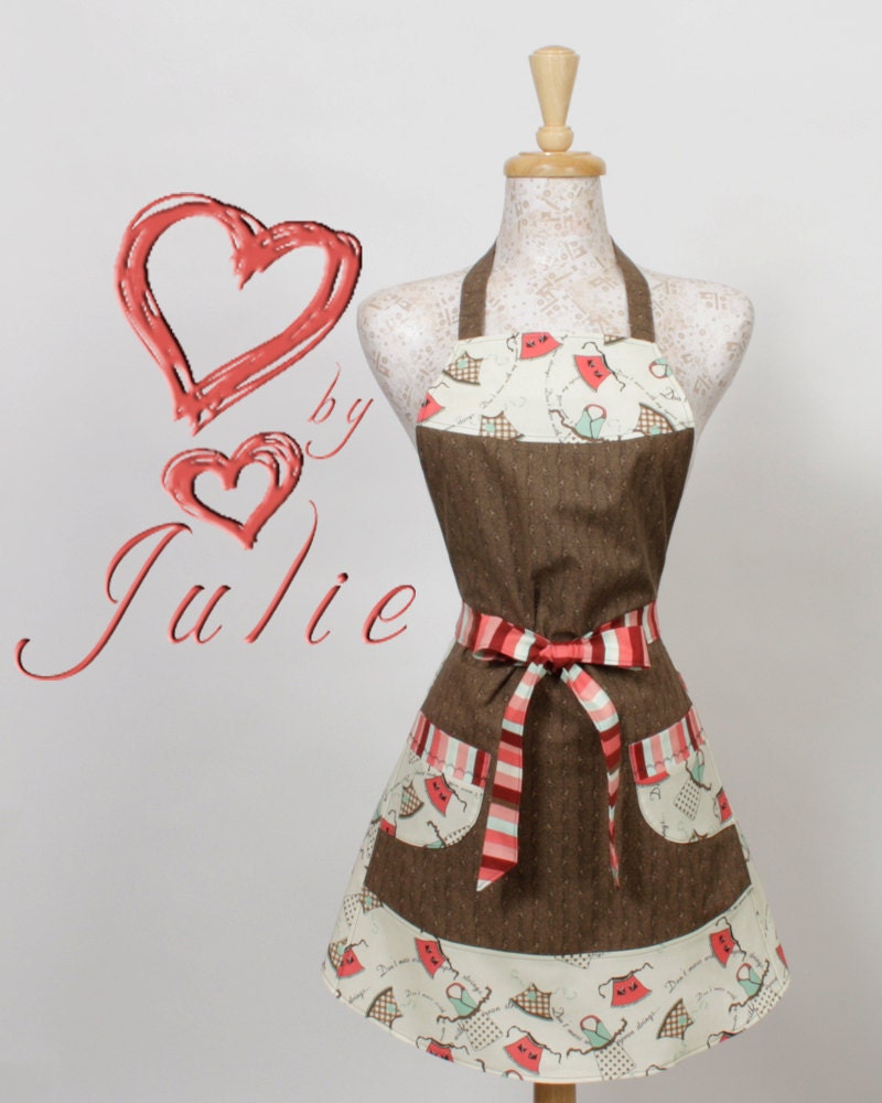 Brown Red Aprons Apron- retro aprons tossed stripes Coral Red Brown and Mint