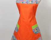 Womens plus size full Bib Apron, Multi colored hearts Bright Orange and Lime Green