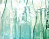 Antique bottles no. 2 ... old blue green bottles in morning light photo with sea glass colors