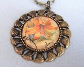 Olga Necklace, vintage Russian postage stamp, floral medallion with chain