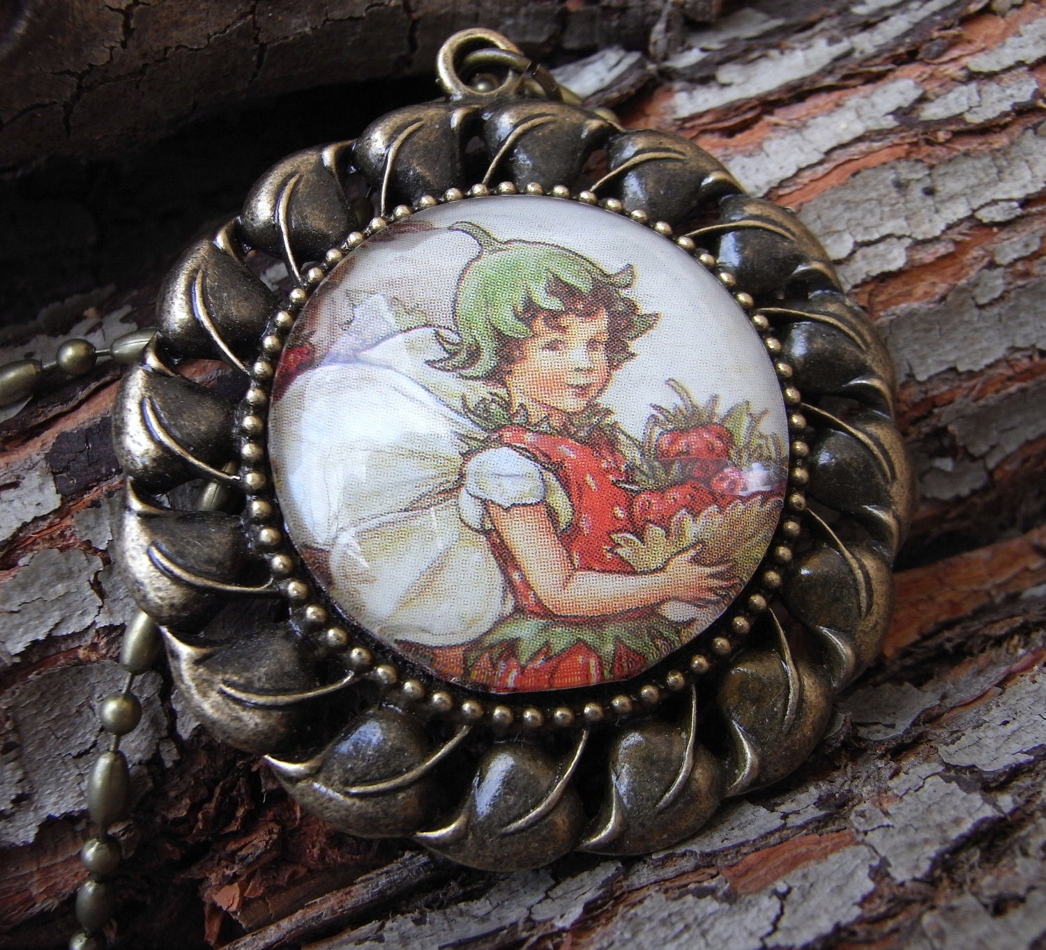 Fairy Picking Strawberries, vintage decoupage image, fairy, woodland, altered art pendant, necklace