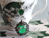 Hummingbird Earrings, antiqued silver pewter with emerald green beads