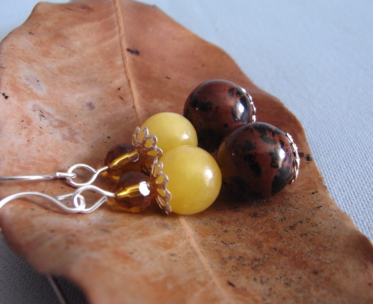 mahogany obsidian aragonite earrings, beaded, yellow and brown, crystal healing, colour therapy, Sunshine & Spice