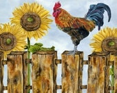 Art Print 8x10. Rooster With Sunflowers