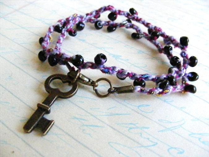 Lovely Double Wrap Cotton and Bamboo Bead Woven Bracelet with Black Seed Beads and Antique Brass Vintage Key Charm