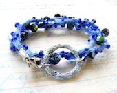 Midnight Blue Woven and Beaded Wrap Bracelet with Glowing Cobalt Blue Seed Beads, Metallic Glass Beads, and Rectangular Glass Cut Beads