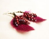 Feather earrings - Burgundy-purple  - crocheted earrings with feathers -  FREE SHIPPING