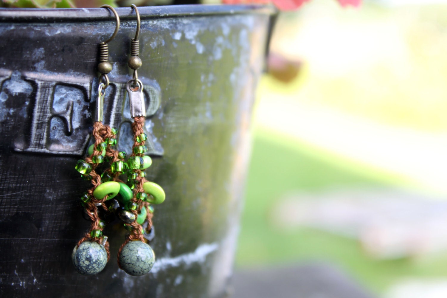 Enchanted forest - crocheted earrings - glass, vintage jasper and wood beads - ohtteam europeanstreetteam - Free Worldwide Shipping
