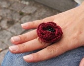 Crocheted poppy flower ring - dark red poppy flower with black and green glass beaded seeds - adjustable- ohtteam - Free Worldwide Shipping