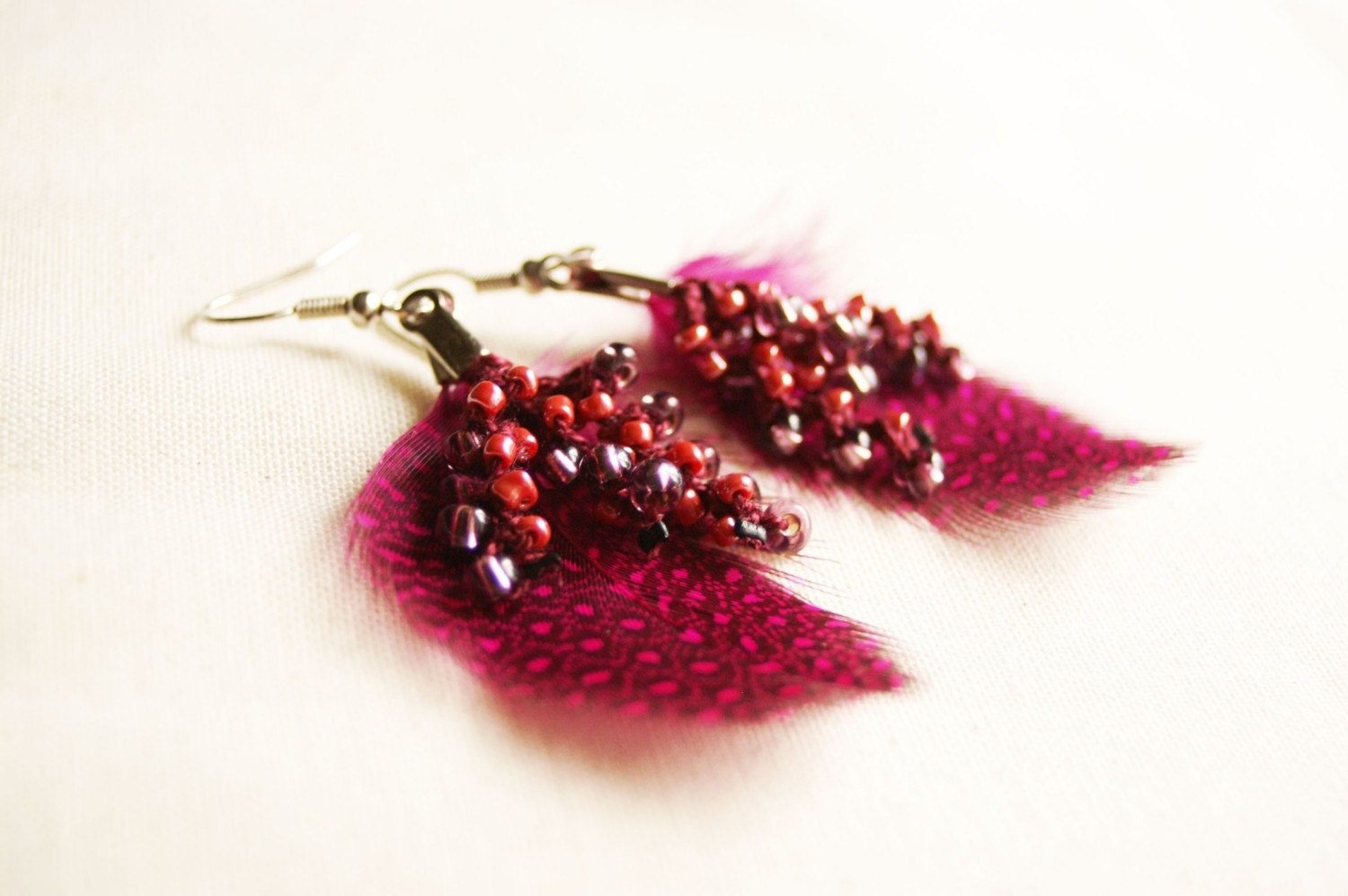 Feather earrings - Burgundy-purple  - crocheted earrings with feathers -  FREE SHIPPING