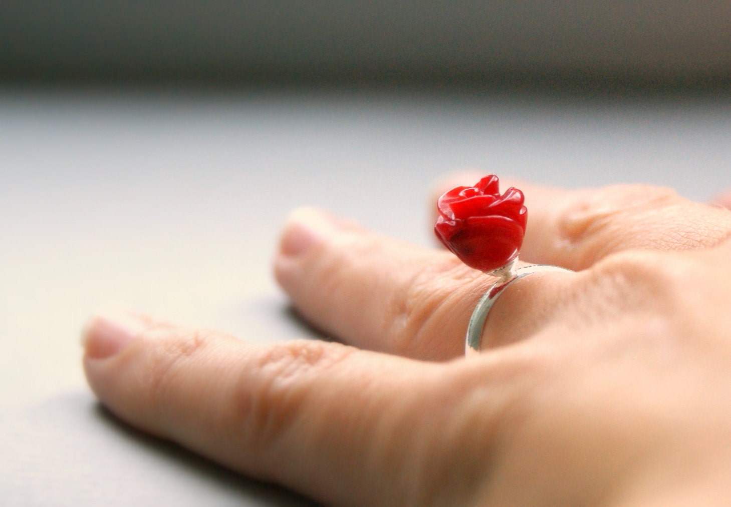 Red Coral Rose Ring - Silver, Coral, Solitair