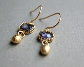 Purple Framed Glass and Gold Drop Earrings, Matt, Faceted
