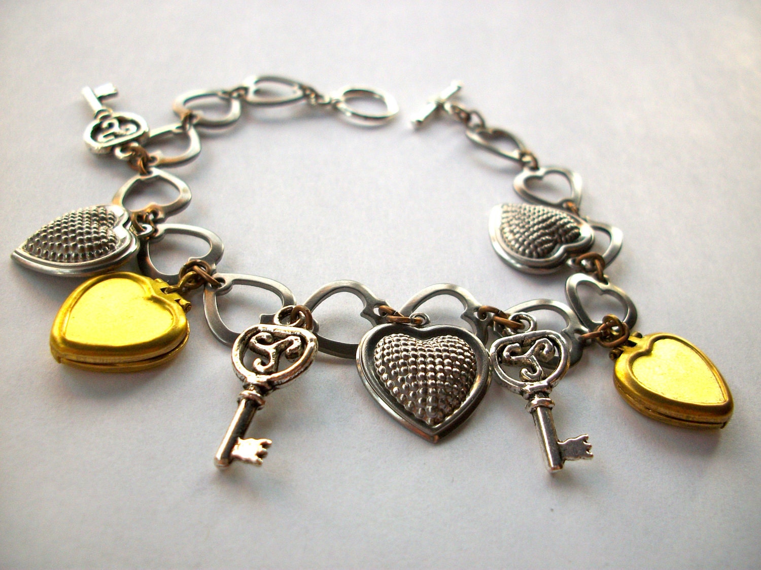 Heart Charm Bracelet, Key to my heart bracelet, Mixed Metal locket bracelet Steampunk silver jewelry