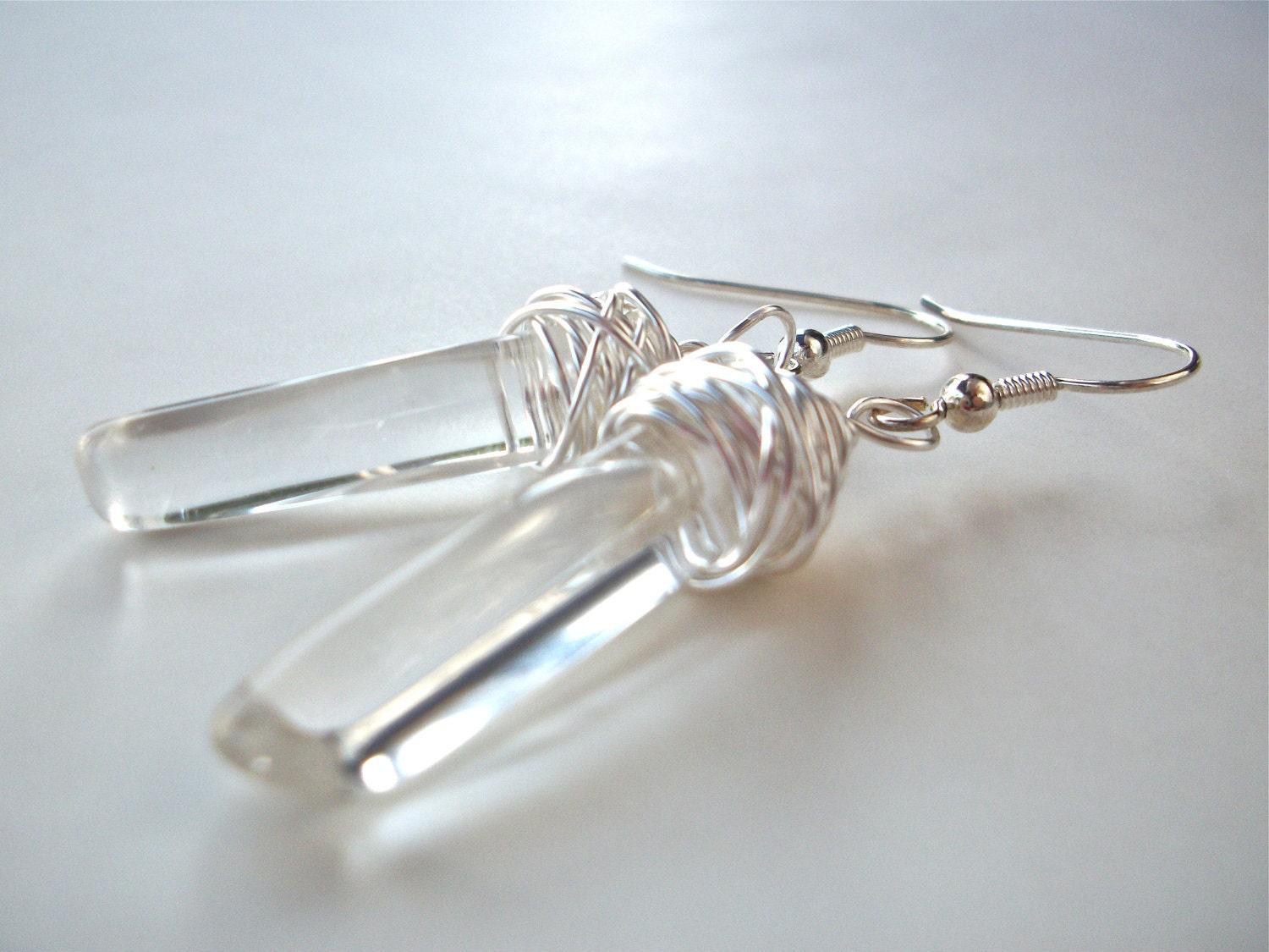 Clear quartz crystal gemstone earrings, trendy silver wire wrapped earrings with natural crystals, crystal quartz long drop earrings
