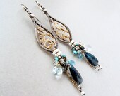 The Majestic Peacock earrings, sterling silver, gold, blue Kyanite, Aquamarine, Apatite