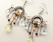 Sterling and fine silver chandelier earrings, Prehnite, blue Topaz, Garnet, Tanzanite