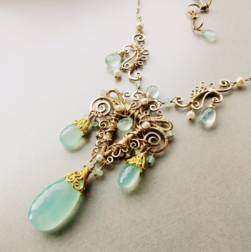 14 karat gold filled statement necklace with sea foam green AAA Chalcedony gemstones and pearls