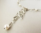 Sterling silver Y necklace, pearls white Topaz rainbow moonstone