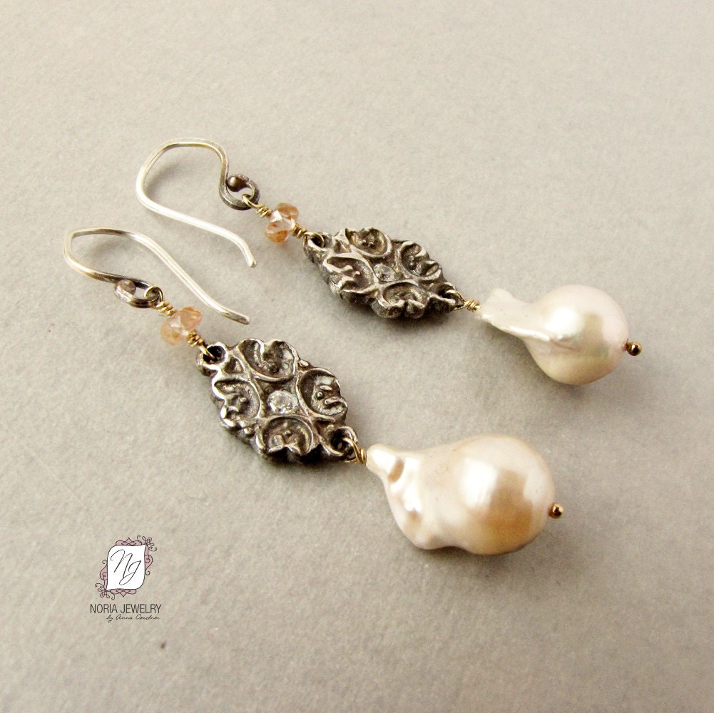 Fine .999 silver flameball baroque freshwater pearl earrings, peach Spinel gemstone