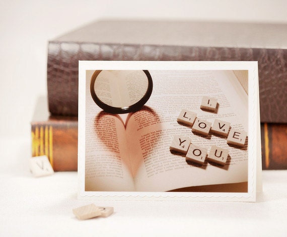 Blank love photo note card notecard blank greeting card rustic shabby chic heart book scrabble tile red yellow  rusteam