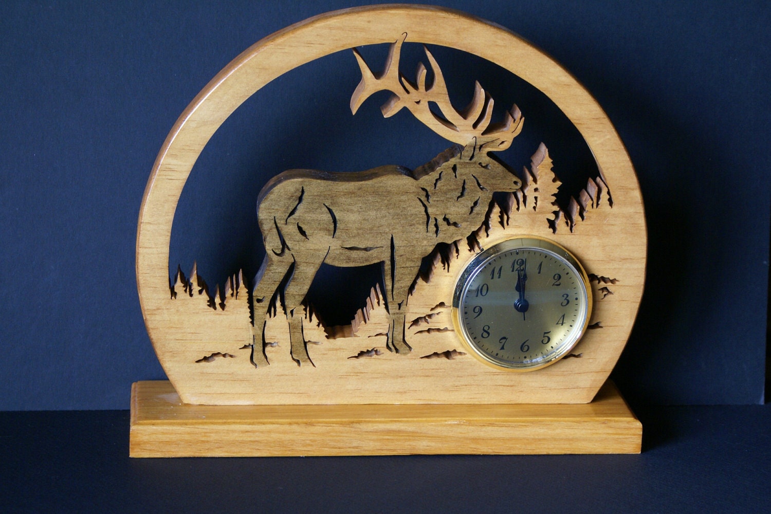 Bull Elk in the Forrest Fretwork Mantel Clock Scroll Saw Cut