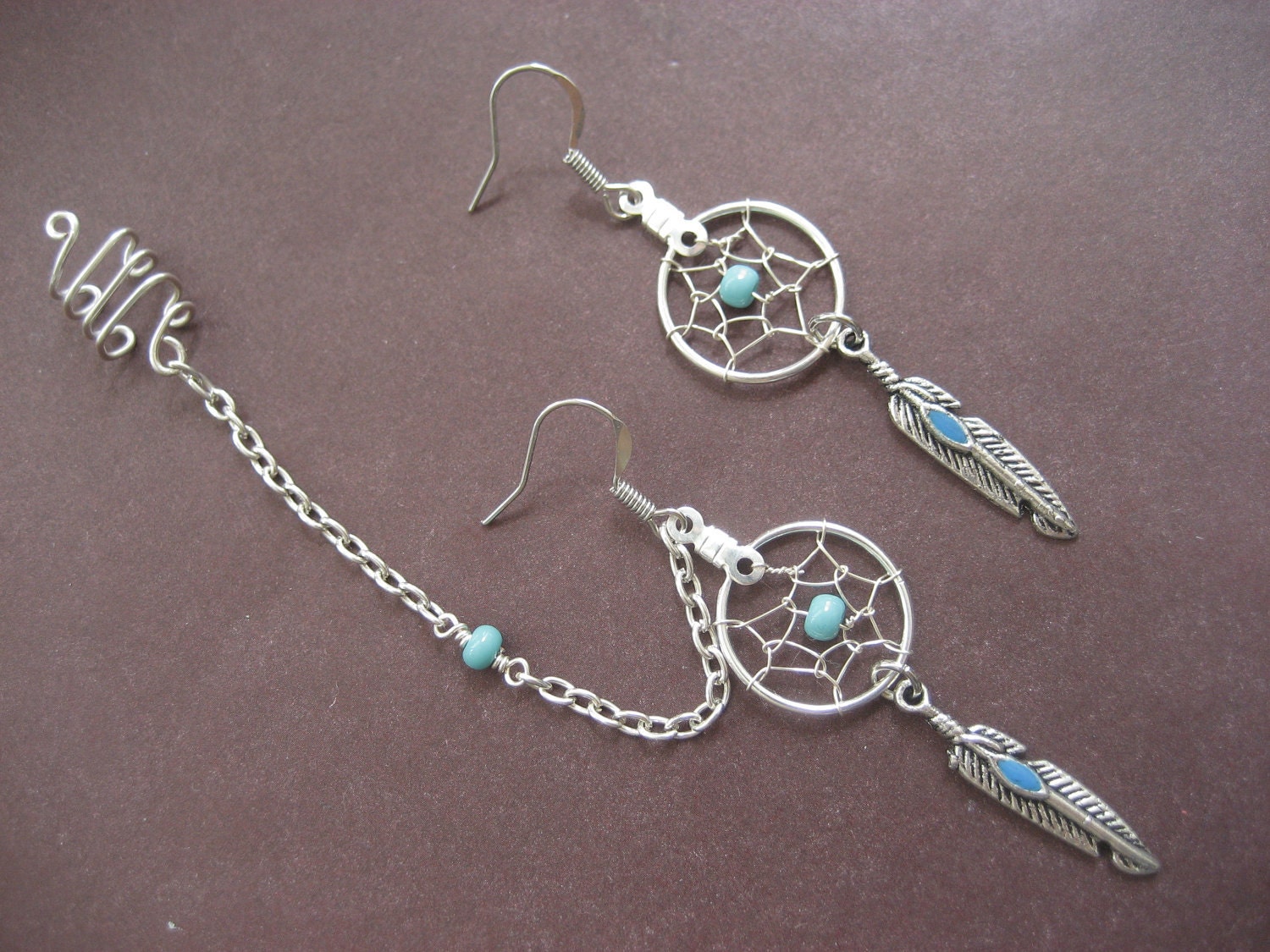 Turquoise Dream Catcher Asymmetrical Cartilage Helix Chain and Ear Cuff Piercing Dreamcatcher Earring Set Azeeta Designs