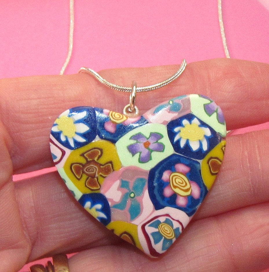 Multicolored Flowers Heart Shaped Necklace - polymer clay