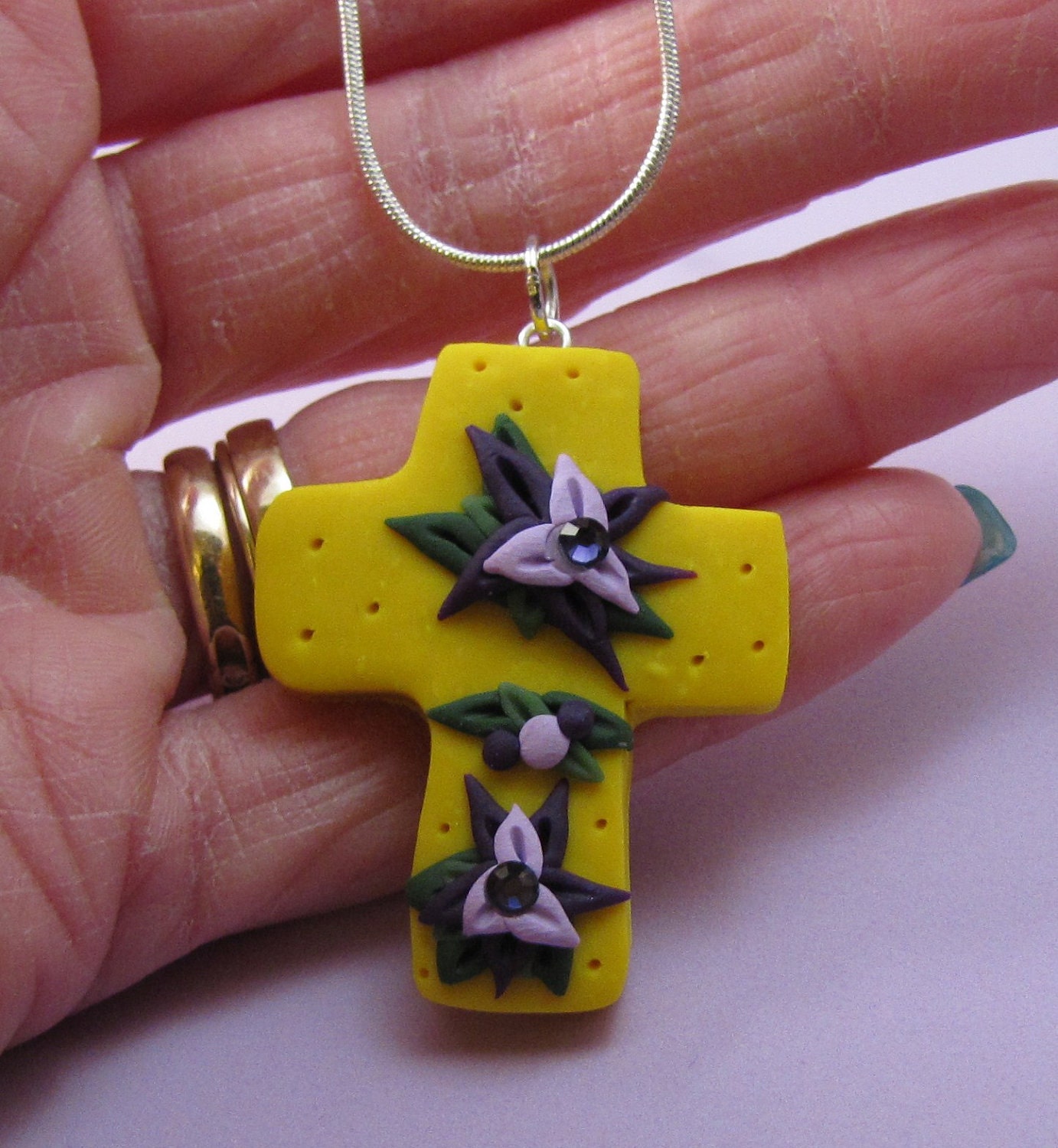 Yellow and Purple CROSS Necklace - Handmade Polymer Clay and Swarovski Crystals