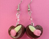 Chocolate Rosebud Valentine Heart Dangle Earrings -  handmade polymer clay