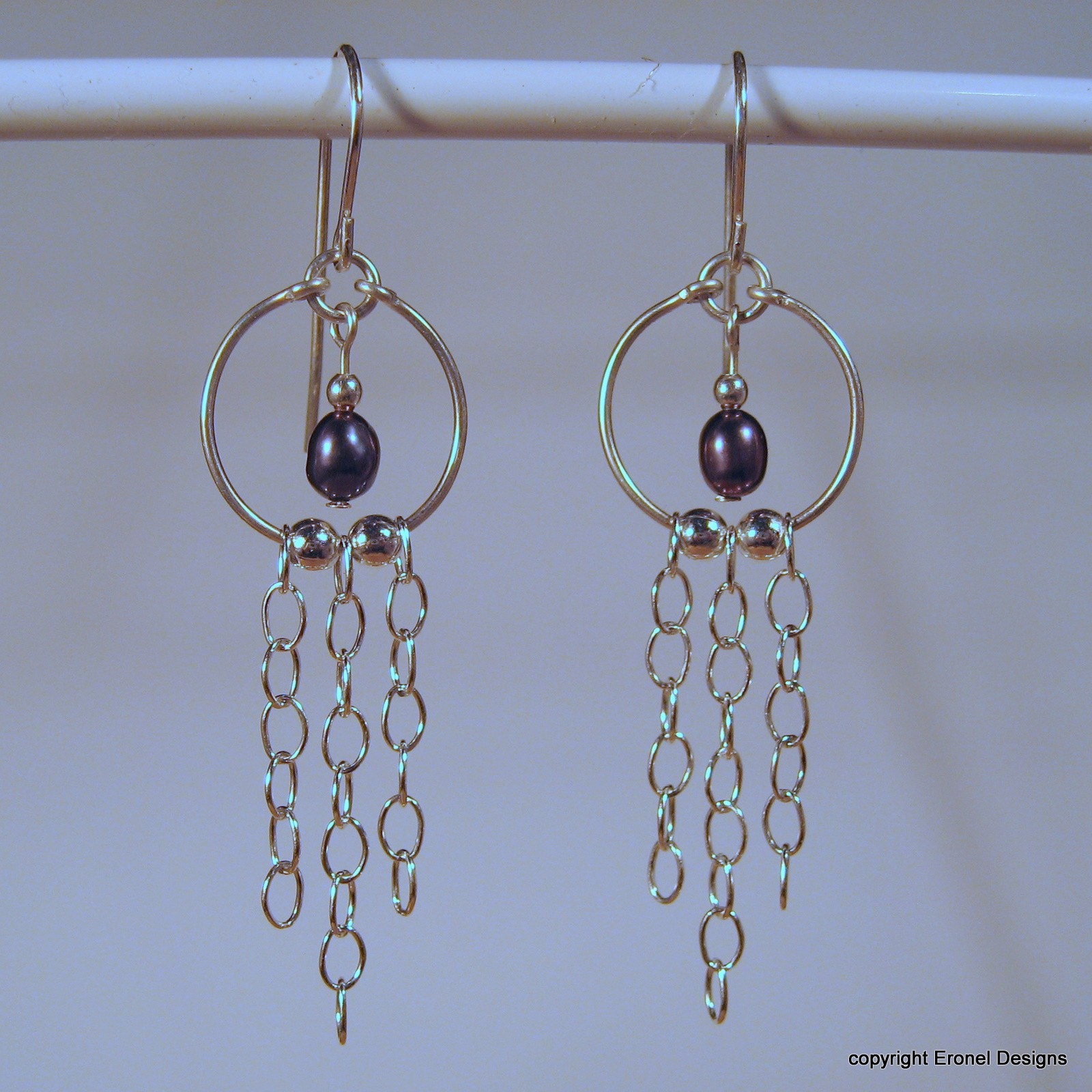 Sterling Silver Hoop Earrings  with Chain Dangles and Freshwater Pearls