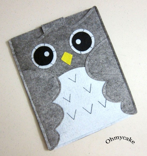 iPad case - iPad and purse - iPad bag - iPad covers - iPad Sleeve - Handmade felt iPad Sleeve - " Grey Owl " Design