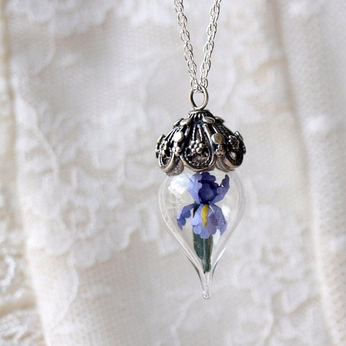 Terrarium Necklace Purple Iris Flower Glass Vial