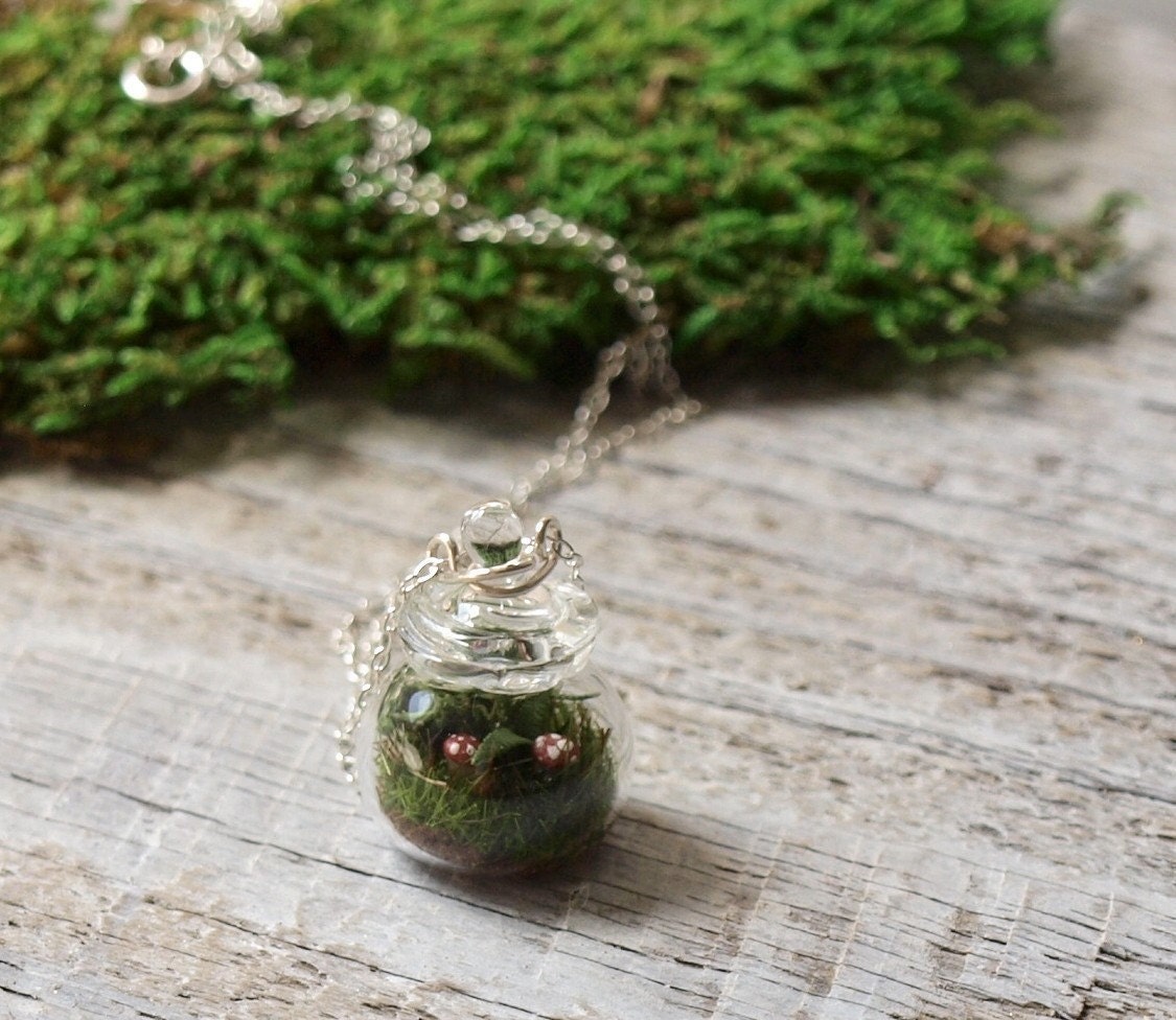 Tiny Moss, Mushroom and Fern Terrarium Necklace
