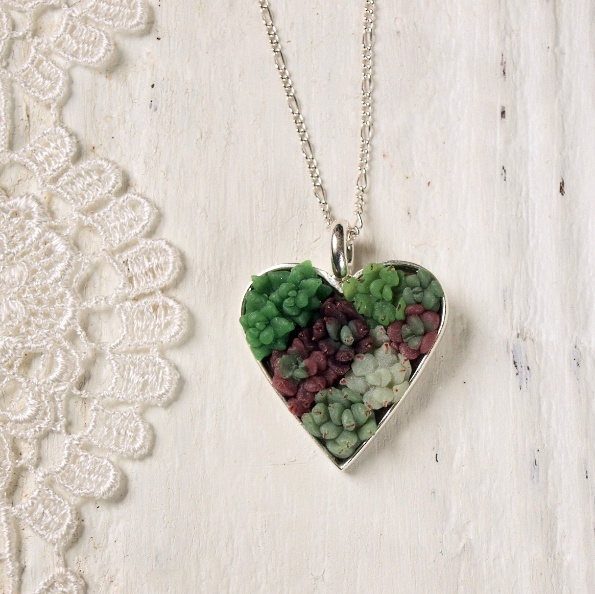 Succulent Garden Necklace - Heart Shaped Silver Pendant