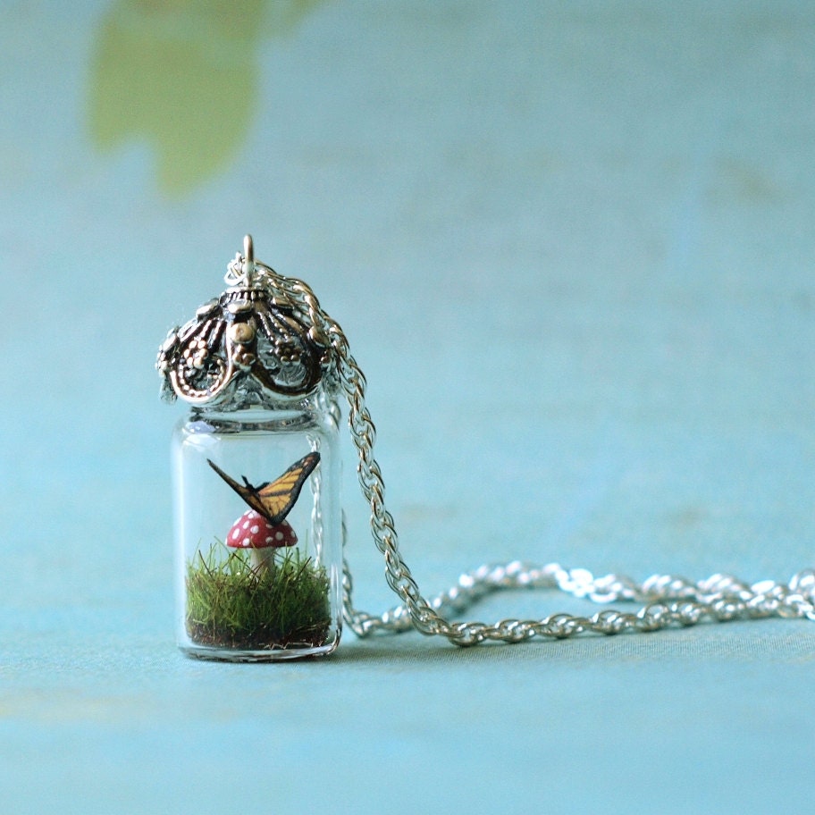 Tiny Terrarium Necklace Monarch Butterfly and Red Spotted Toadstool Mushroom Glass Vial