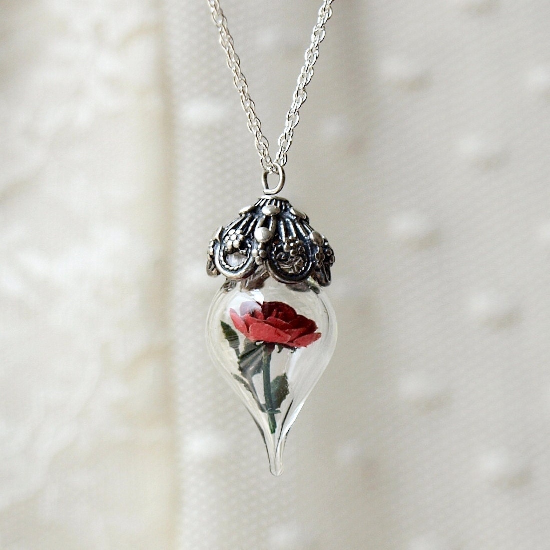 Classic Red Rose Flower Glass Vial Terrarium Necklace by Woodland Belle