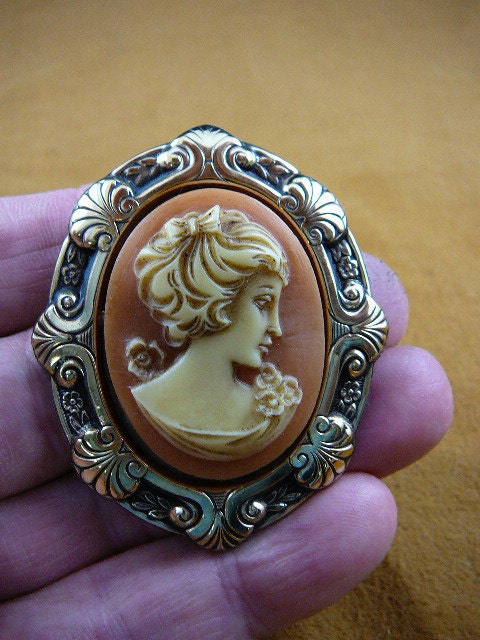 Plain lady woman with bow ribbon in hair CAMEO Pin Pendant Jewelry brooch necklace repro Brass CM14-55