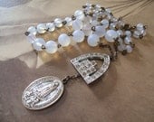 Frosty opal glass beads with rhinestone arch, Mary Catholic medal necklace