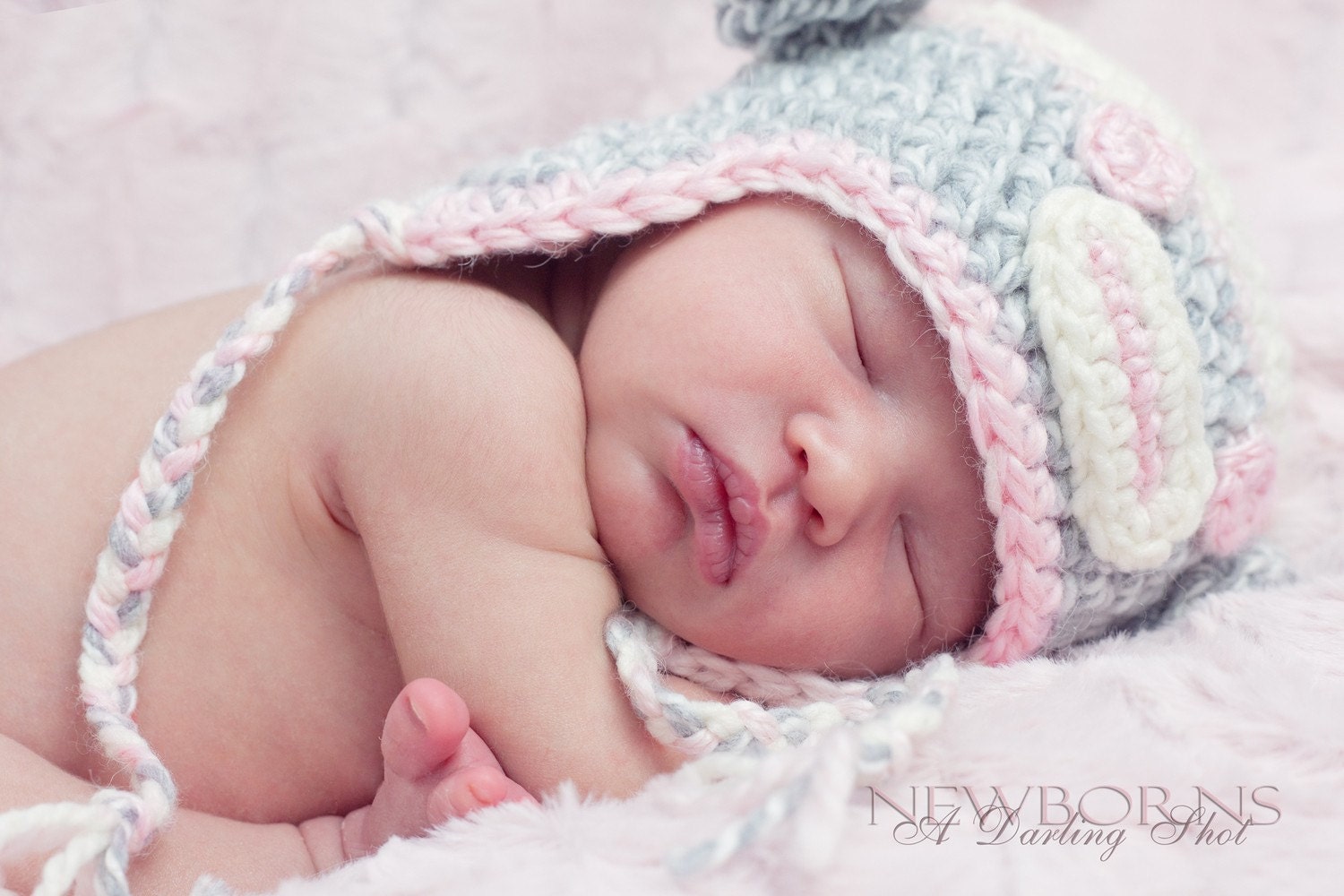 Sock Monkey Earflap Hat - Great Photography Prop (Grey, Cream, and Pink) Size Newborn to 3 Yrs