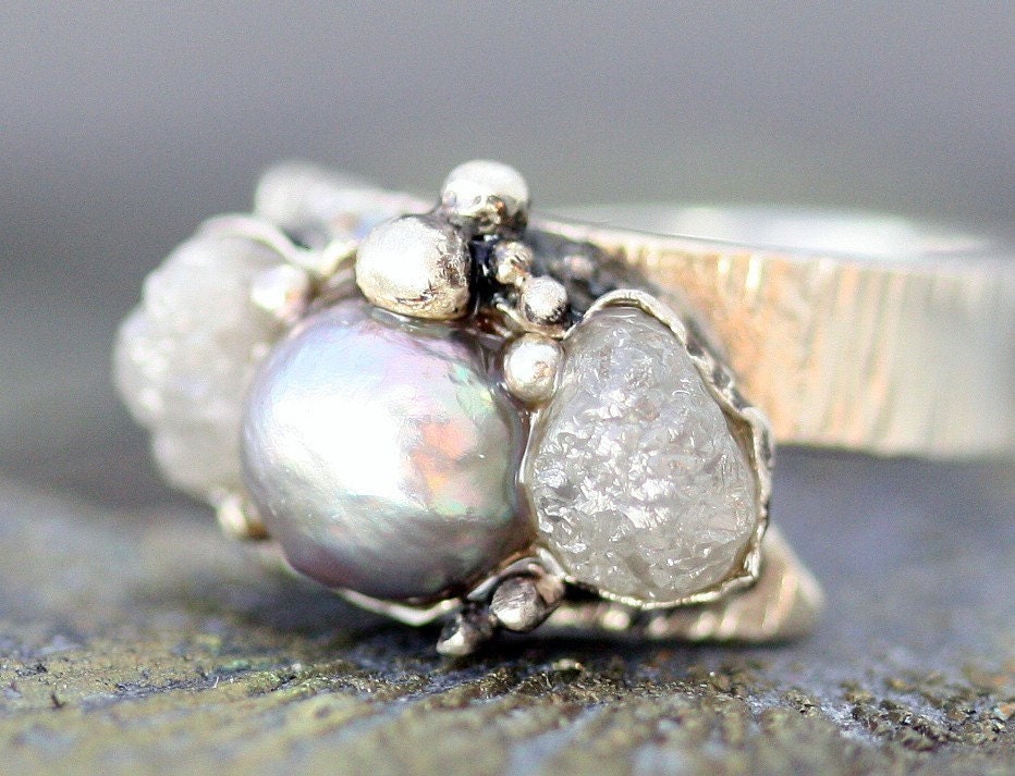 Raw Diamonds and Steel Grey Pearl in Textured Sterling Silver Ring- Custom Made
